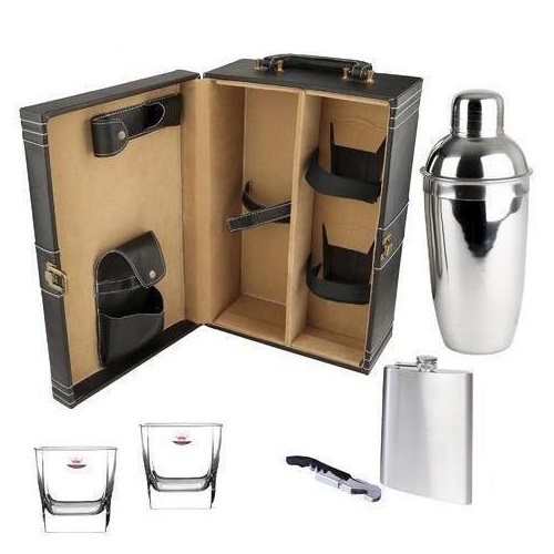Bar Set Brown Leather Briefcase with 2 whisky Glasses