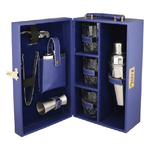 Bar Set Blue Leather Briefcase With 3 Wine Glasses