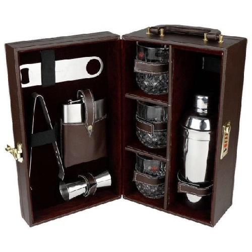 Bar Set Brown Leather Briefcase with 3 wine Glasses