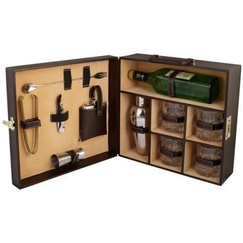 Bar Set Brown Leather Briefcase with Wine Bottle