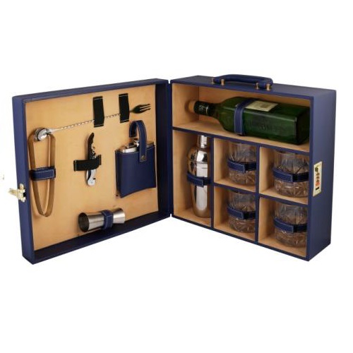 Bar Set Blue Leather Briefcase With Wine Bottle