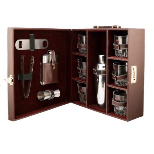 Bar Set Brown Leather Briefcase With 6 Wine Glasses