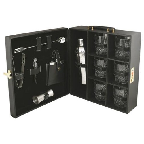 Bar Set Black Leather Briefcase With 6 Wine Glasses