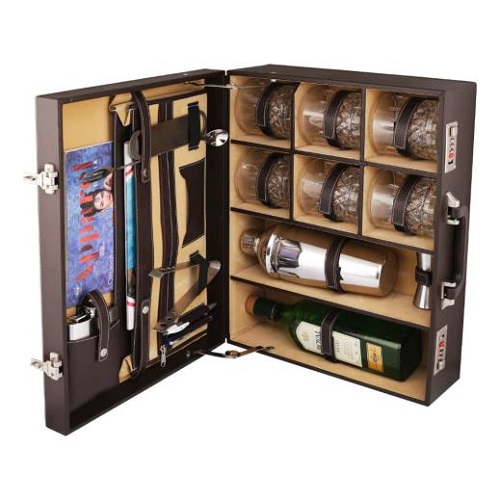 Bar Set Brown Leather Briefcase 6 Wine Glasses