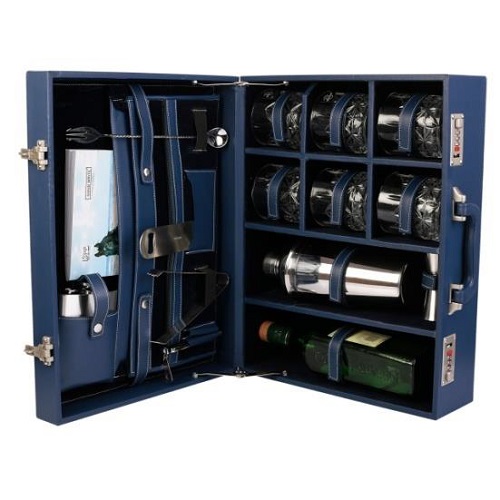 Bar Set Blue Leather Briefcase 6 Wine Glasses